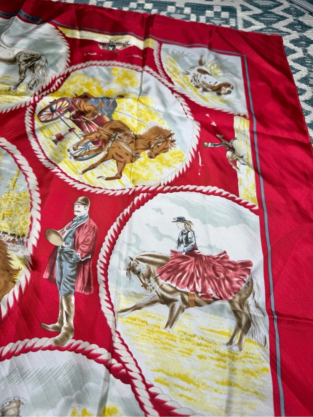 Hermes Paris Red Horse Equestrian Silk Scarf.
